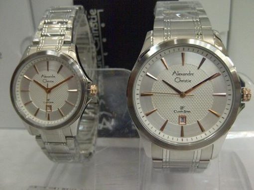 Alexandre Christie Couple AC 8363 White Steel White Dial Index Rosegold