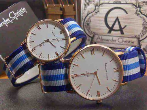 Alexandre Christie Couple AC 8420 Gold Canvas Biru Putih