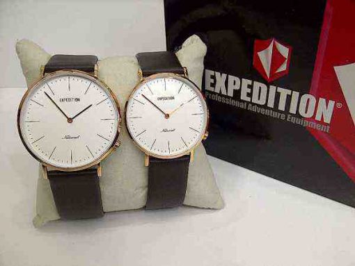 Expedition 6682 Couple Rosegold White Dial Brown Leather