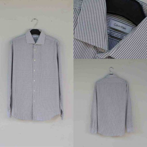 Kemeja Lengan Panjang Athletic Fit Calvin Klein Putih Salur Hitam Original