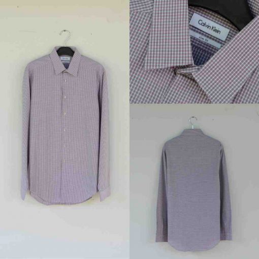 Kemeja Lengan Panjang Slim Calvin Klein Hitam-Pink-Putih Kotak Original