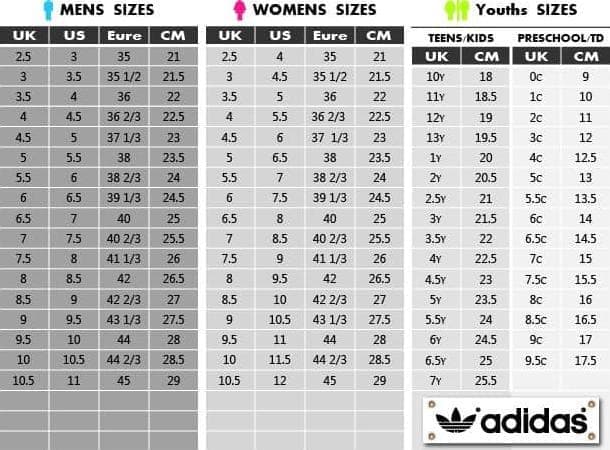 chart size sepatu adidas