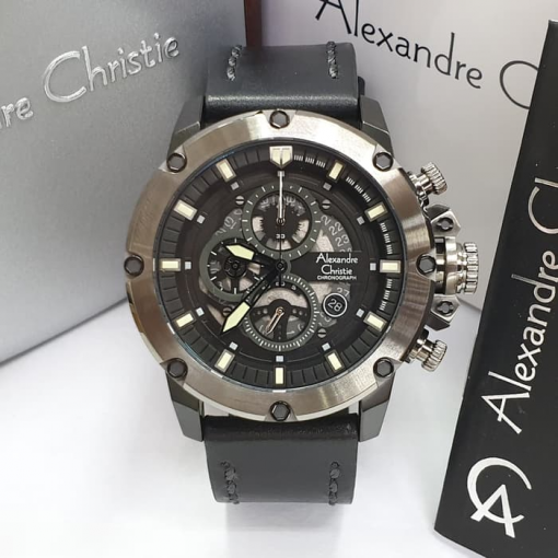 Jam Tangan Pria ALEXANDRE CHRISTIE AC 6416 PRIA GREY BLACK LEATHER BLACK ORIGINAL Murah