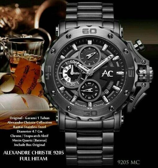 Jam Tangan Pria  Alexandre Christie AC 9205 original full black Murah